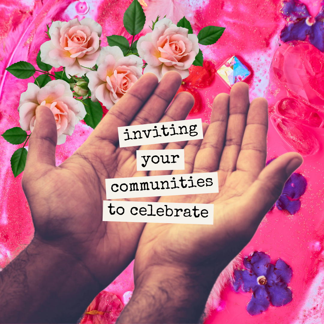 open hands splayed over a flower collage background