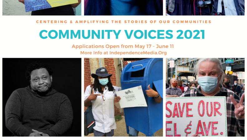 a grant open call graphic made up of six photos