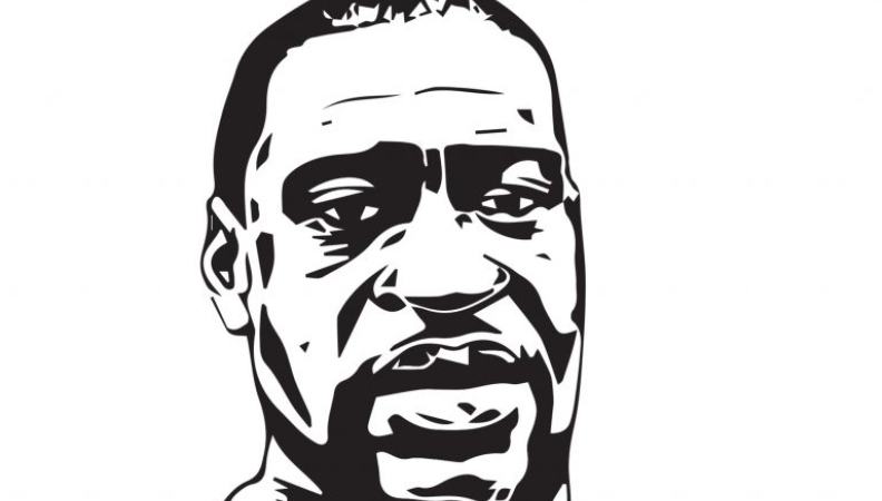 a image with a drawing of George Floyd that reads at the bottom 'rest in power George Floyd'