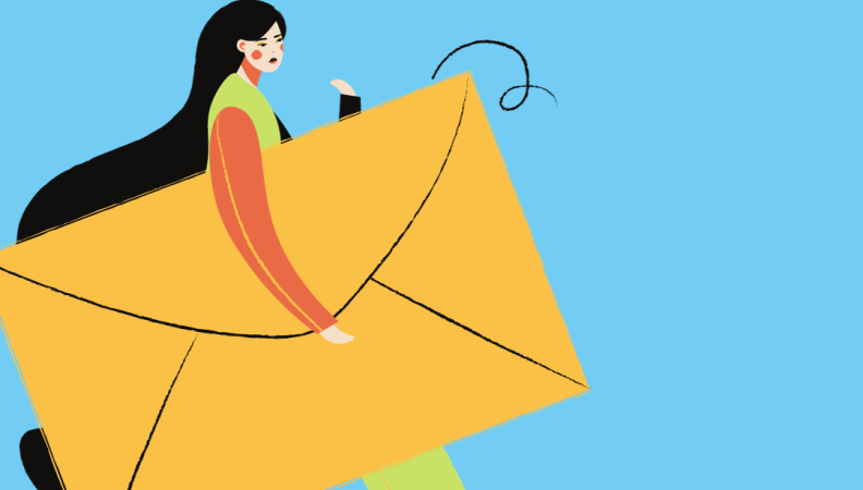 a graphic of a drawn figure carrying a big envelope