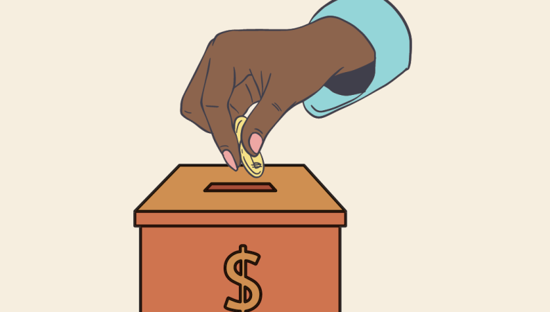 graphic of a hand putting a coin into a tip box