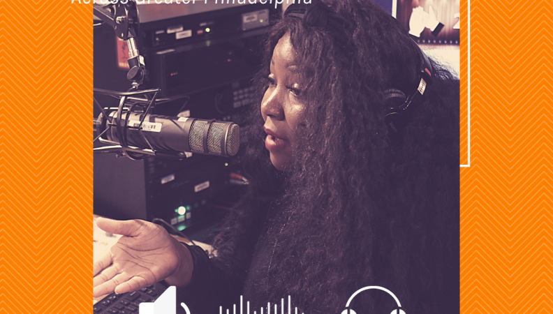 a graphic featuring a woman in a radio station wearing headphones and speaking into a microphone