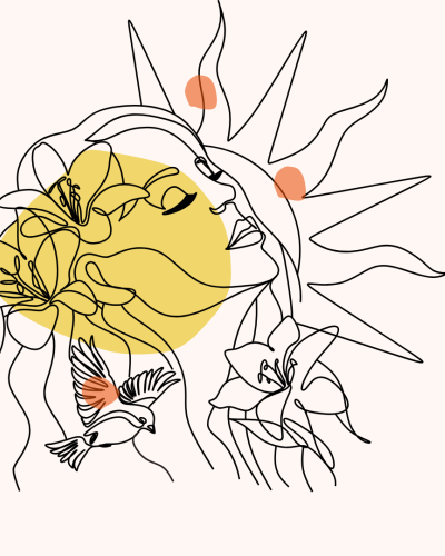 an illustration of a face surrounded by nature