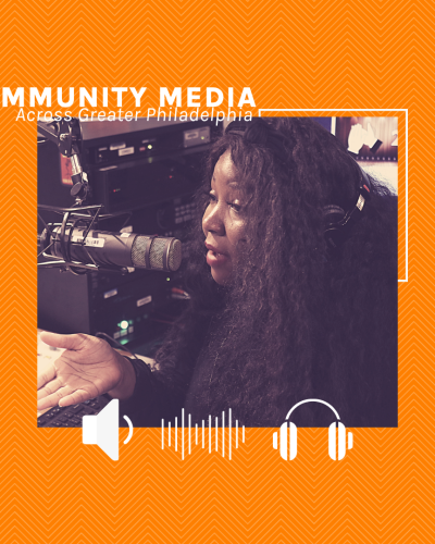 a graphic featuring a woman in a radio station wearing headphones and speaking into a microphone