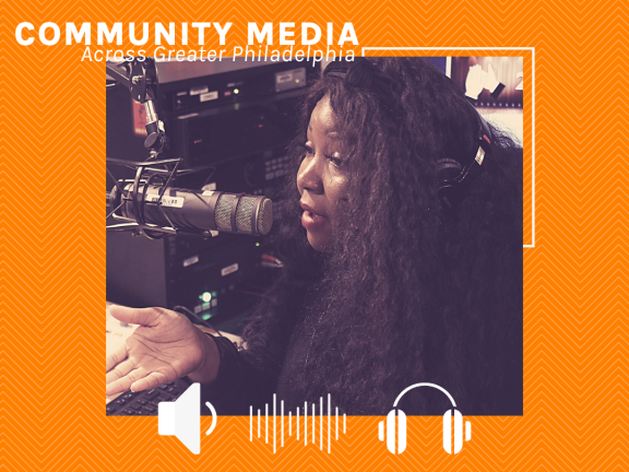 a graphic featuring a woman in a radio station wearing headphones and speaking into a microphone